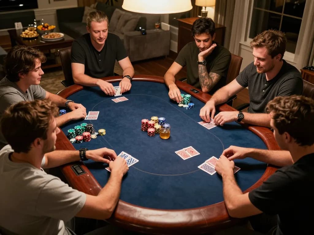 Players enjoy an exciting poker night at home, showcasing nk88mvp's community gaming strategies.