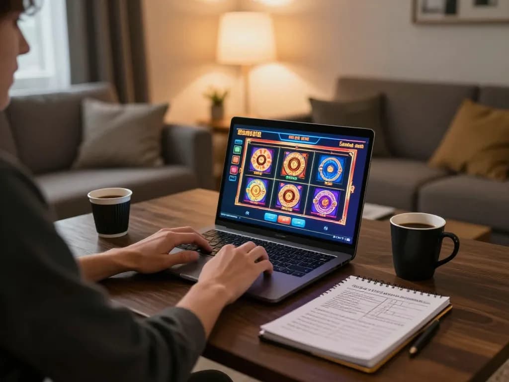 Engaging online gaming moment at uk88 with colorful slot game displayed on laptop.