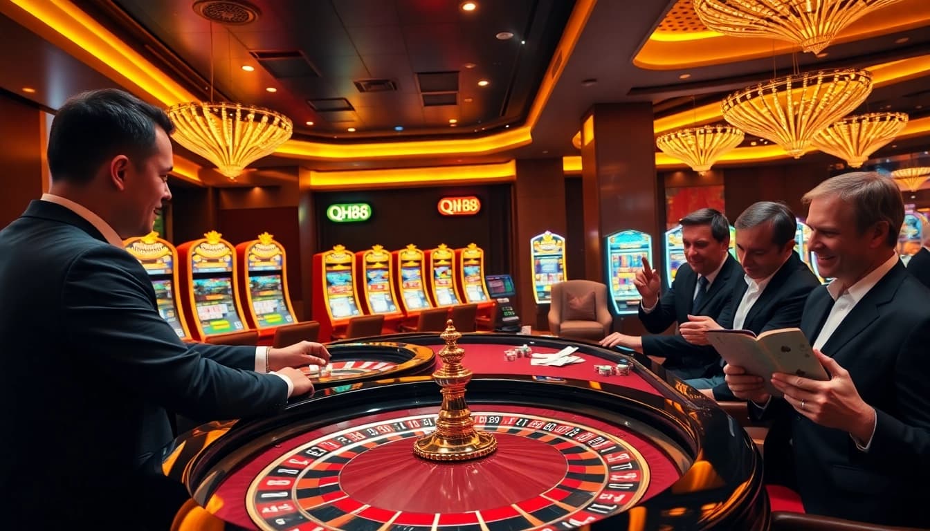 Experience high-stakes thrills at qh88 with a lively casino scene showcasing roulette and slot machines.