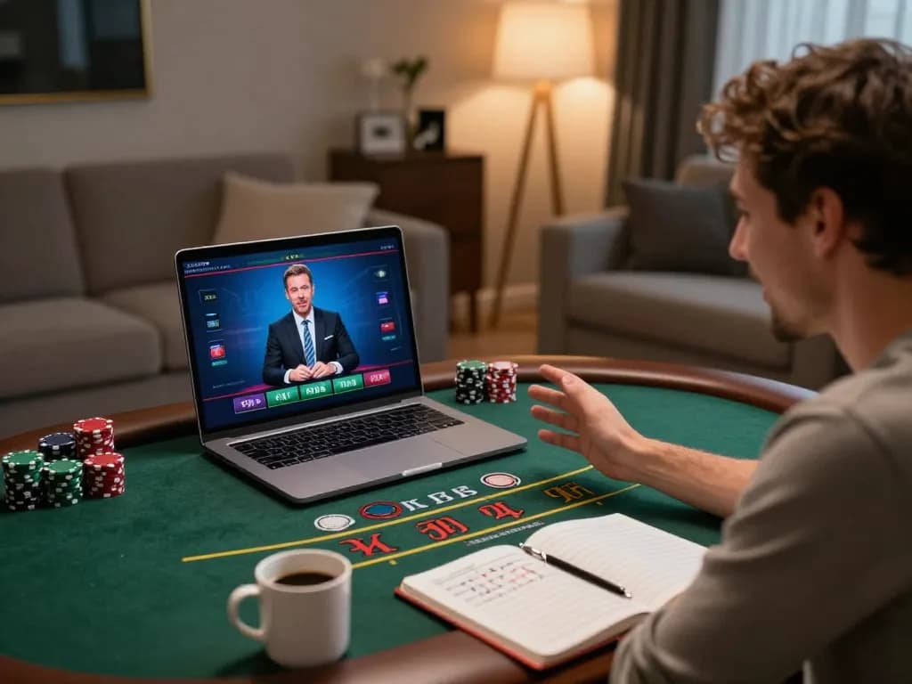 Person engaged in live dealer blackjack on open888 laptop, showcasing strategic gameplay in a cozy environment.