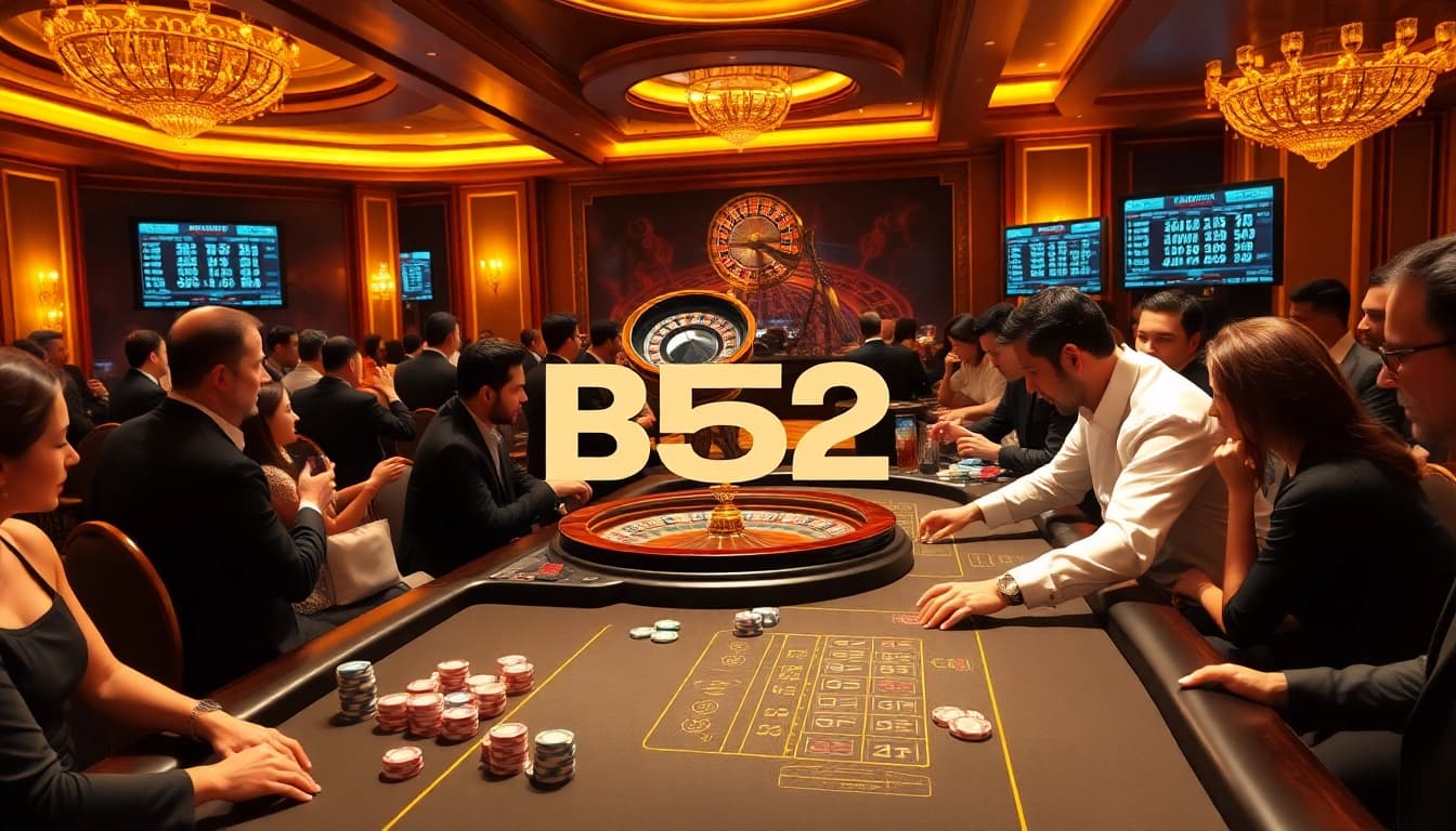 B52 gaming experience surrounded by players at a luxury casino table, showcasing excitement and professionalism.