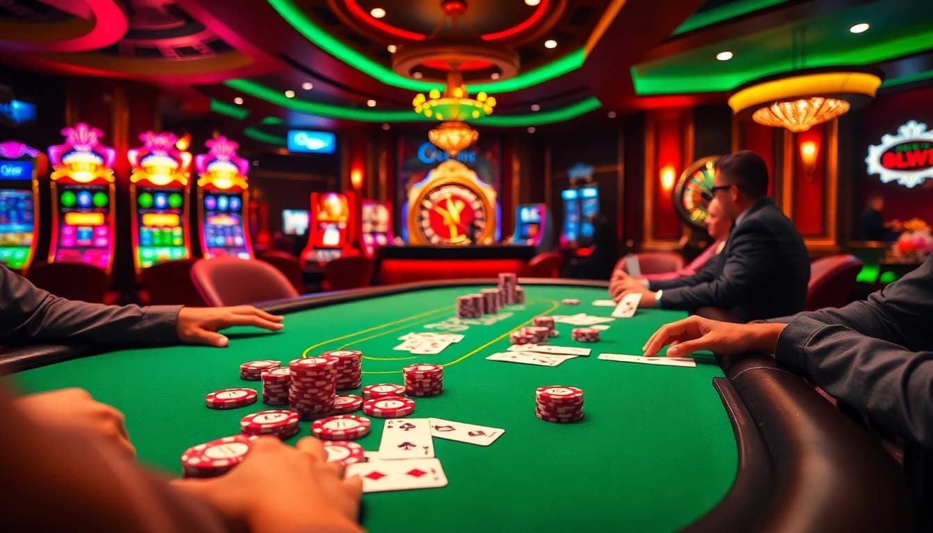 The excitement of a high-stakes poker game with casino elements showcasing https://rr88c.org/ and professional gamblers in action.