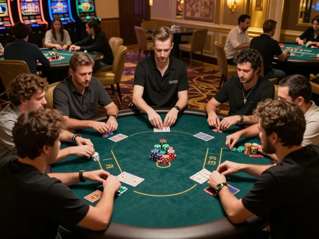 NAGA2000 players engaged in an intense poker game around a lavish table in a high-end casino.