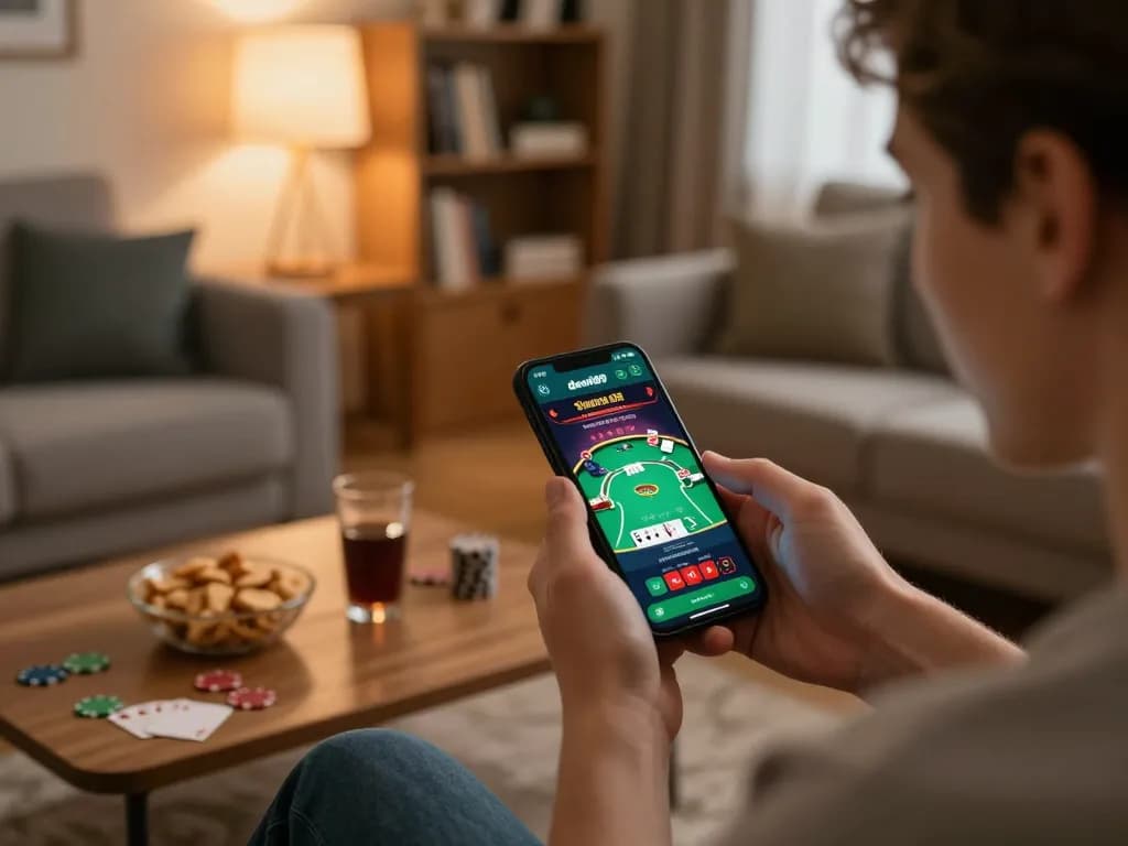 Orang berinteraksi dengan aplikasi kasino online dewi89 di ponsel pintar di ruang tamu yang nyaman