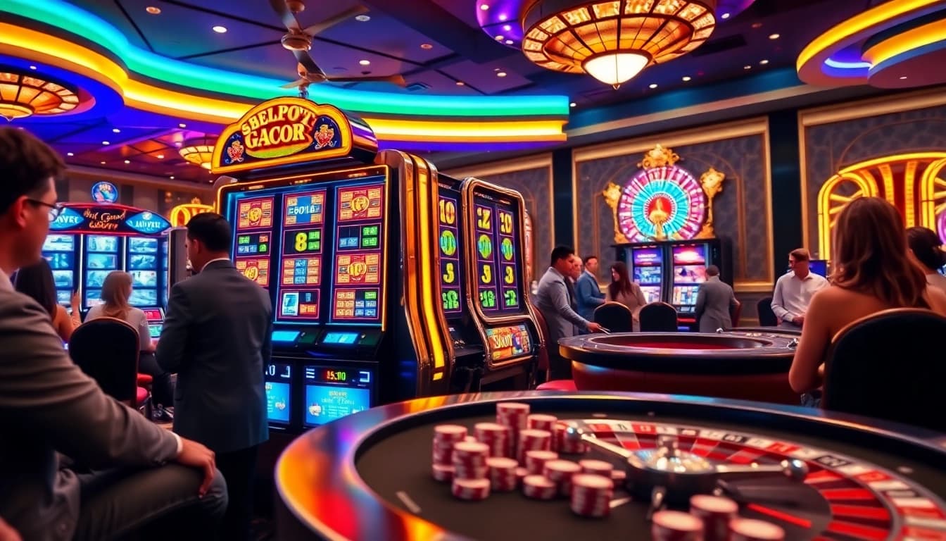 Players engaging with the Slot Gacor machine in an upscale casino, showcasing excitement and winning potential.