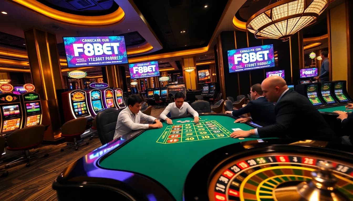F8BET players enthusiastically placing bets at sleek casino tables filled with vibrant games.