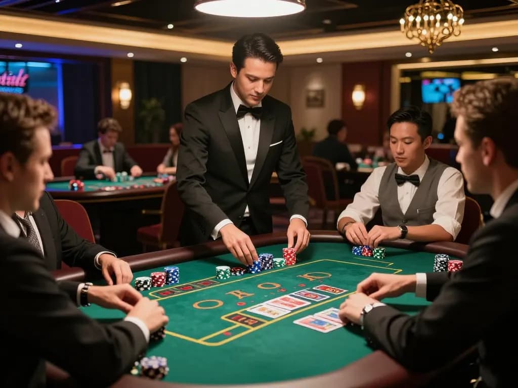 Players engaging in strategic live betting at open888 casino tables under vibrant lighting.