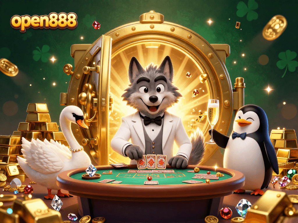 Engage in open888's vibrant casino scene with a wolf, swan, and penguin amid golden treasures.
