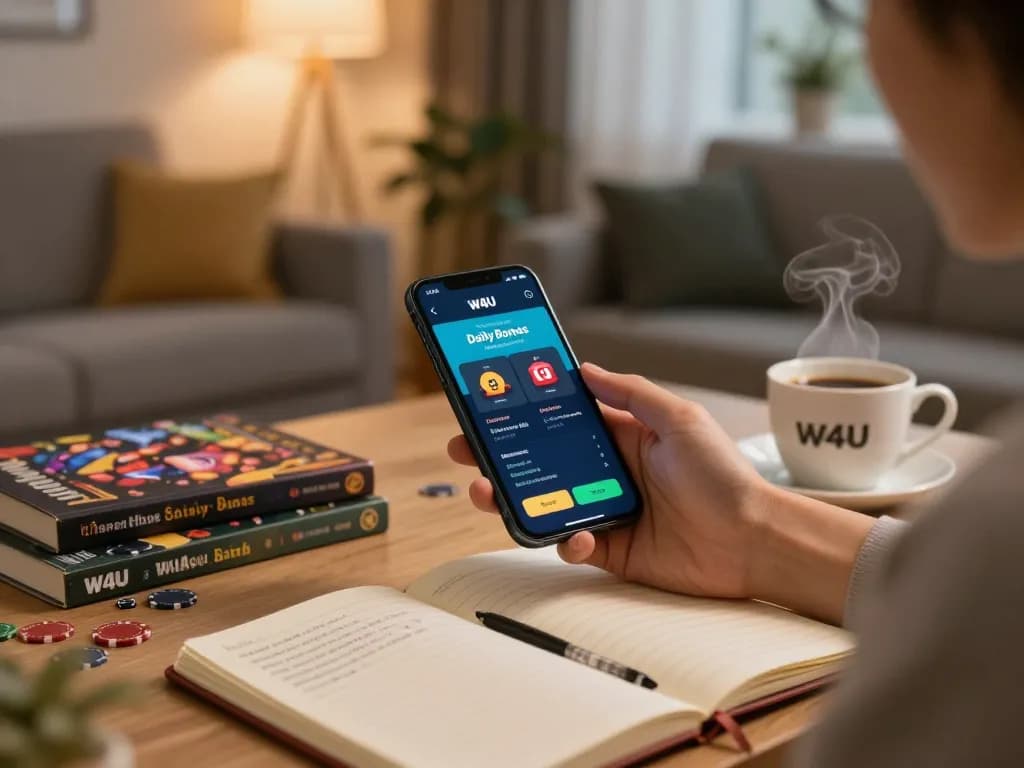 Player engaging with the W4U app on smartphone at home, tracking bonuses and strategies.