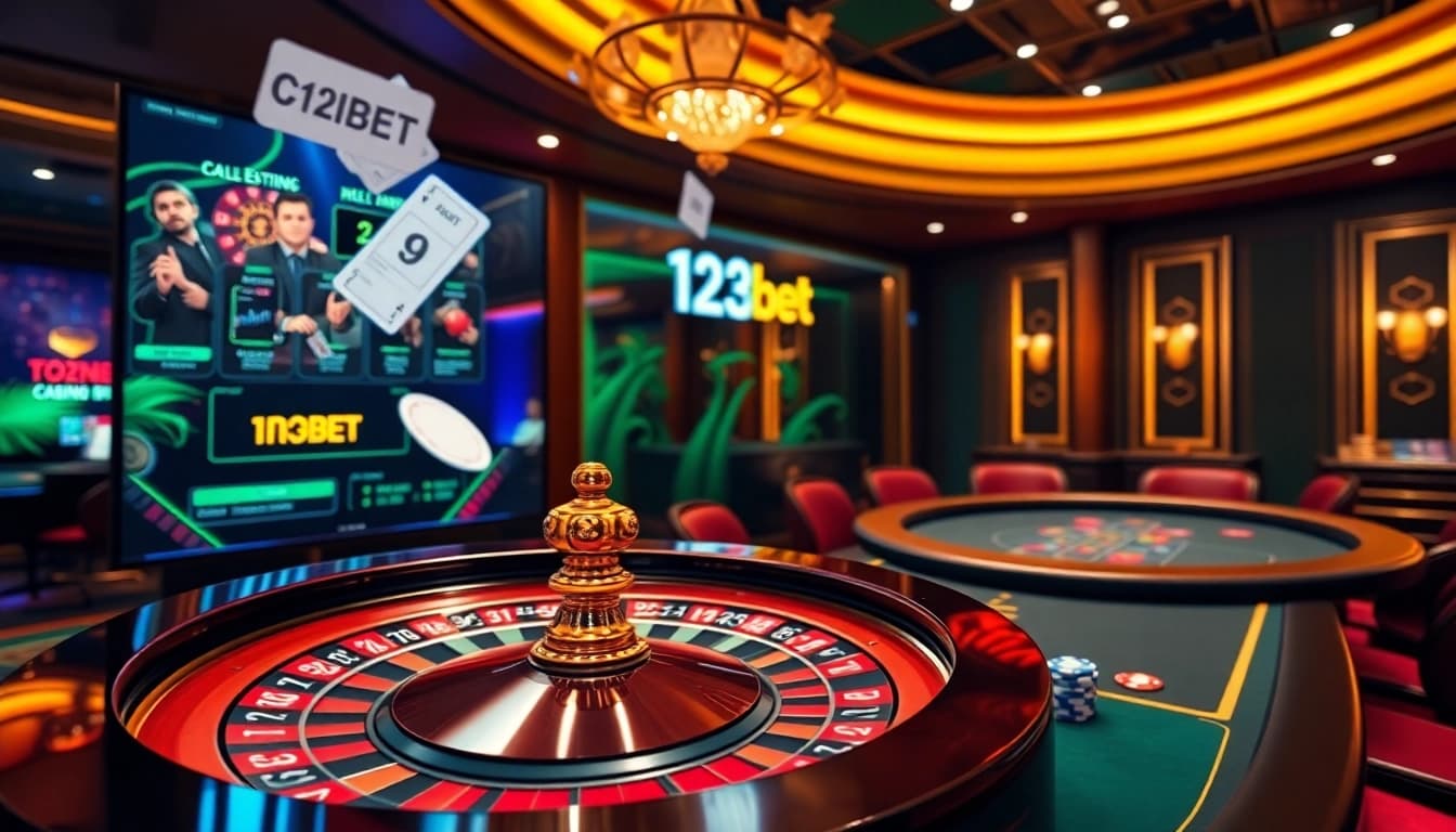 A vibrant interactive scene of 123bet showcasing luxurious online gambling with poker chips and a roulette wheel.