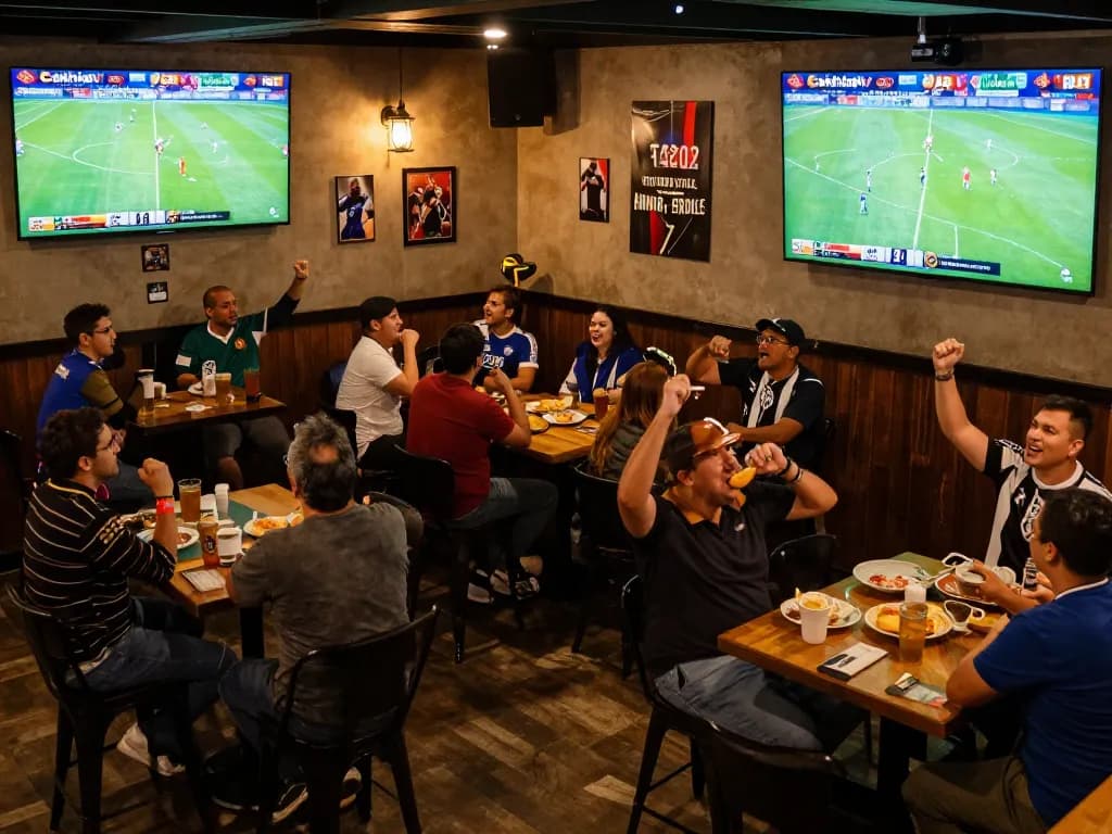 Cakhiatv streaming live football matches in a lively sports bar atmosphere with enthusiastic fans cheering
