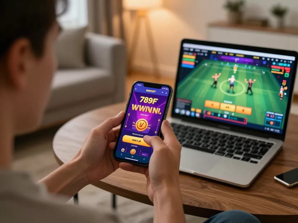 Using the 789F link casino app for mobile gambling, enjoying exciting gameplay in a cozy home.