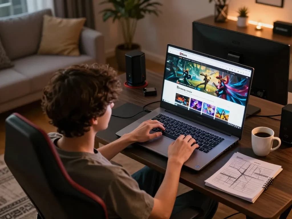 Engaged player exploring 98win trang chu on a laptop in a cozy gaming corner