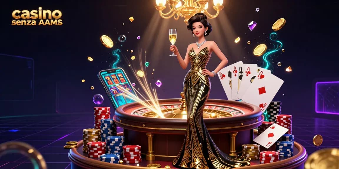 Vivi l'emozione dei casinò senza AAMS con scene glamour, roulette che gira ed elementi vincenti.