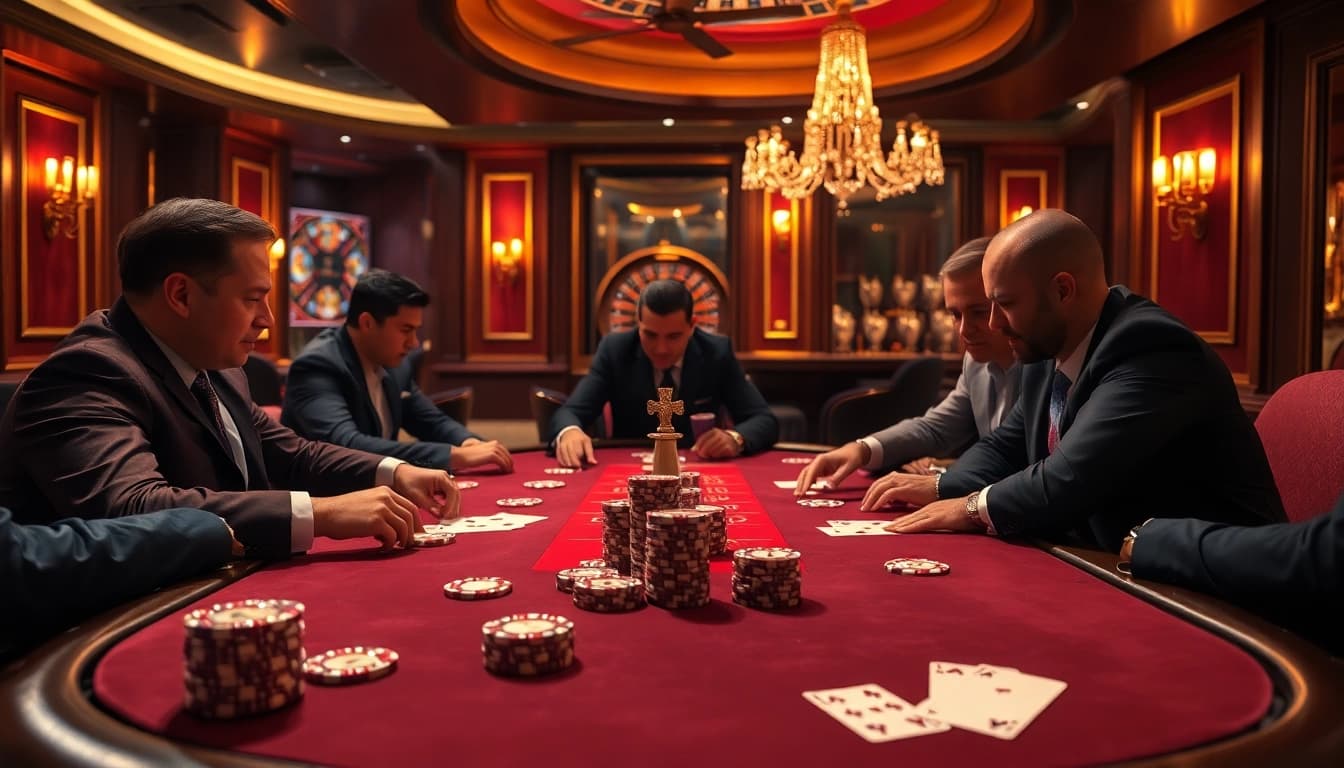 Experience high-stakes gaming with Bongdalu poker players at an elegant casino table.