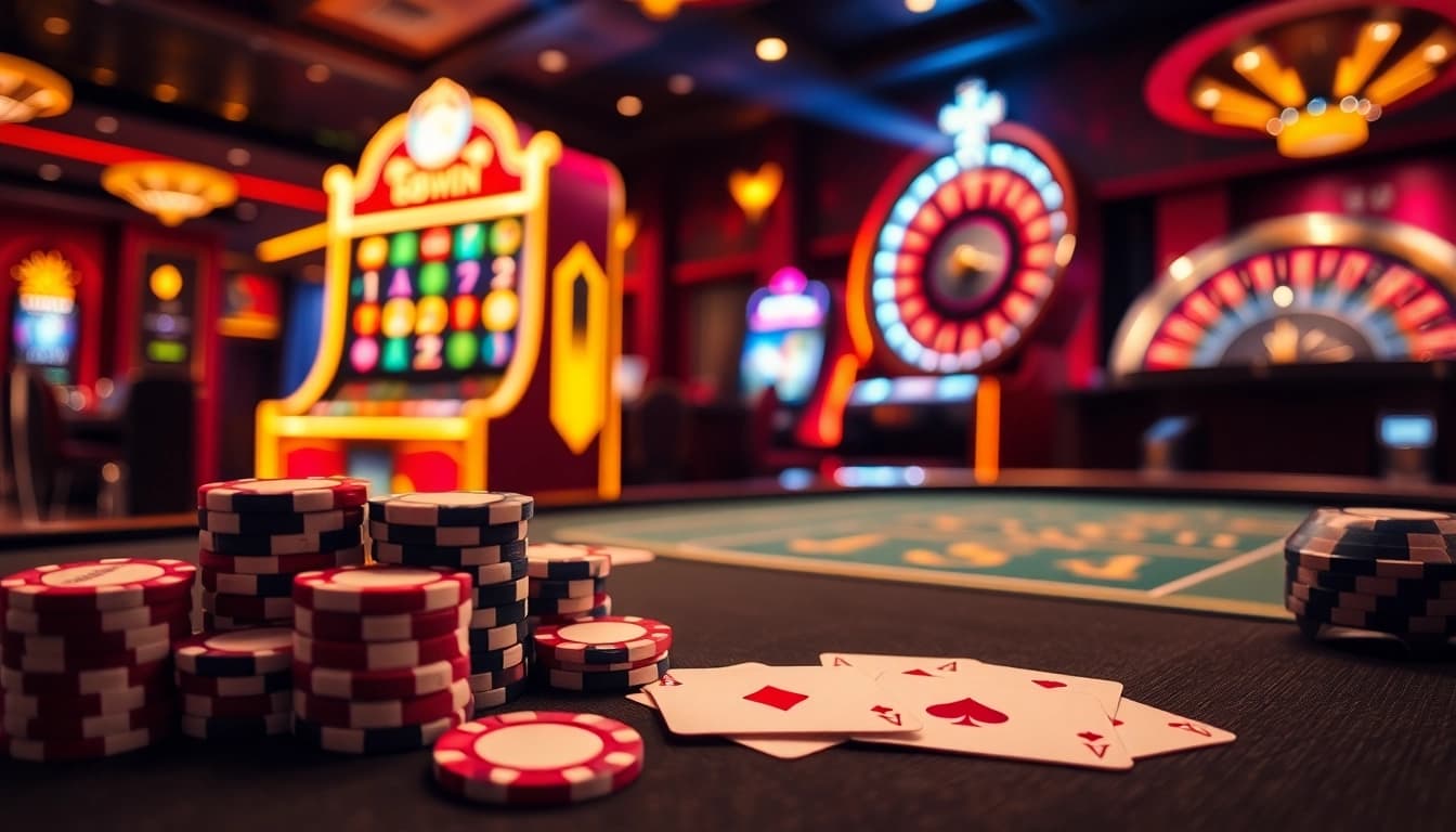 Experience the excitement of 68win at a luxurious casino table with vibrant poker chips.
