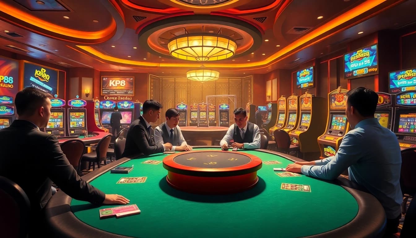 Exciting KP88 casino scene illustrating players at poker and roulette tables amidst vibrant slot machines.