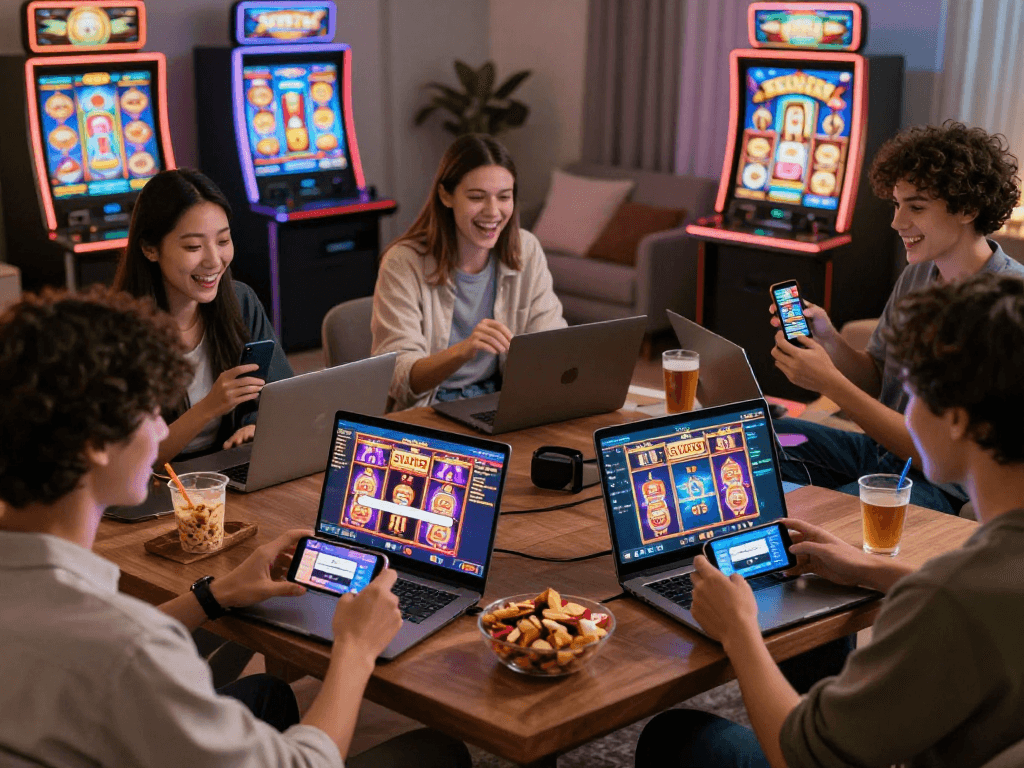 Players enjoying exciting games on SLOT88 login screens in a vibrant gaming atmosphere.