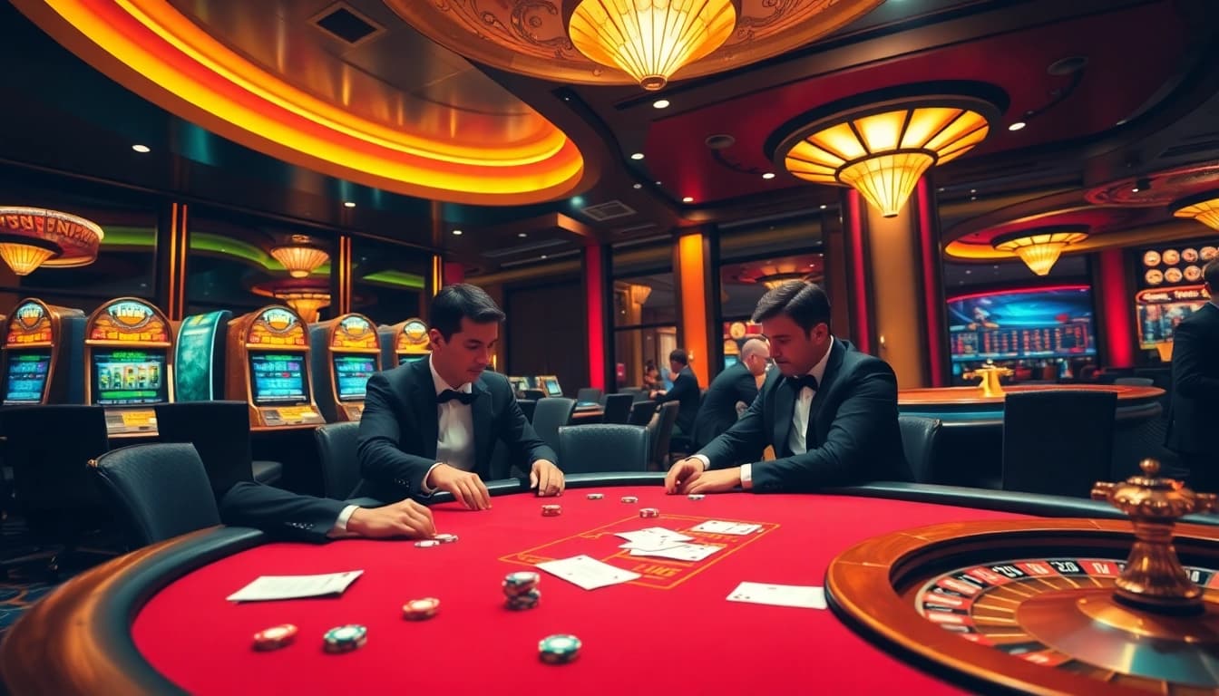 Exciting poker game scene at nhà cái XX88’s luxury casino, featuring players, chips, and roulette.