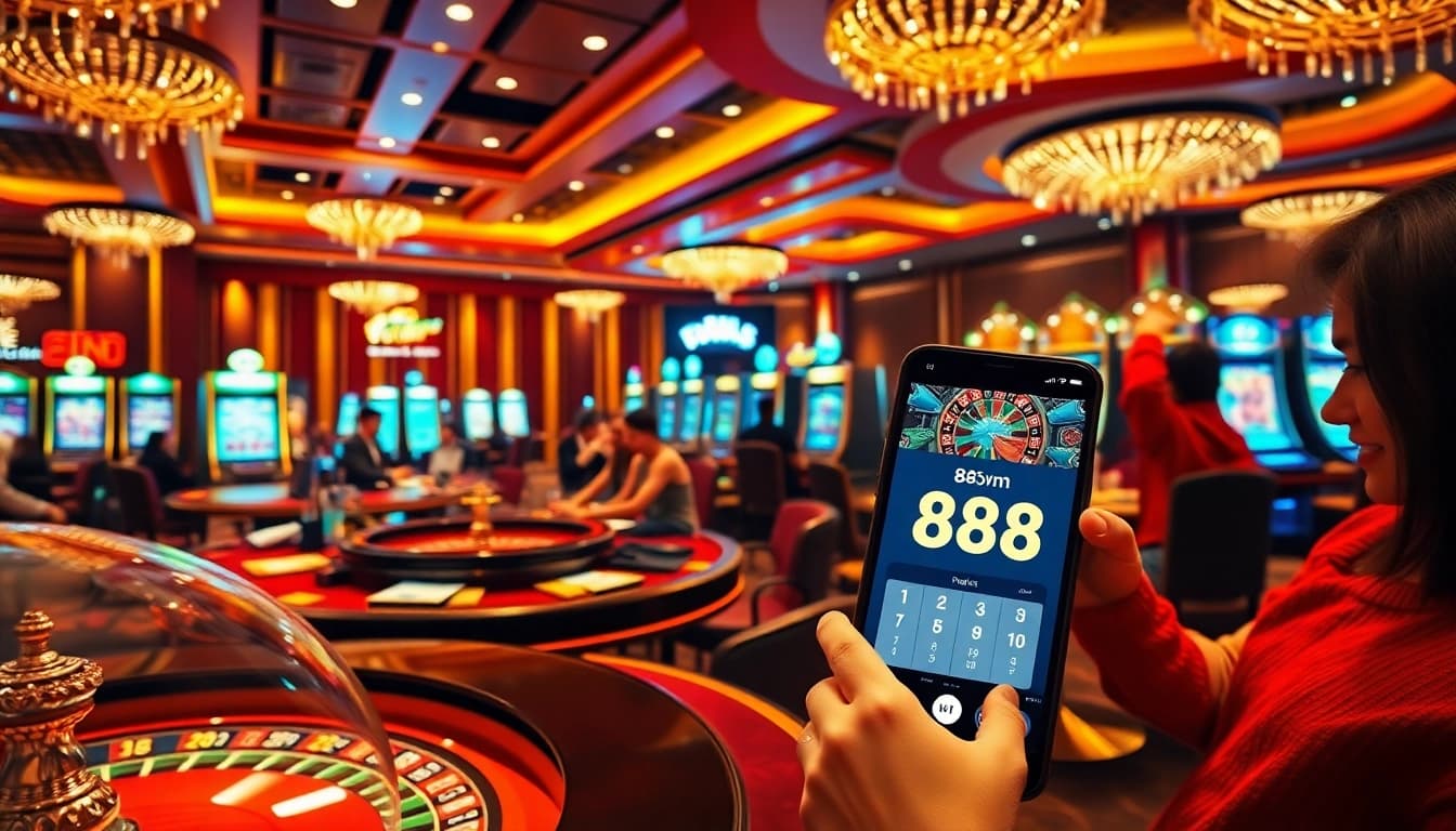 Players enjoying the excitement of 88vn at a modern casino, engaging in poker and roulette.