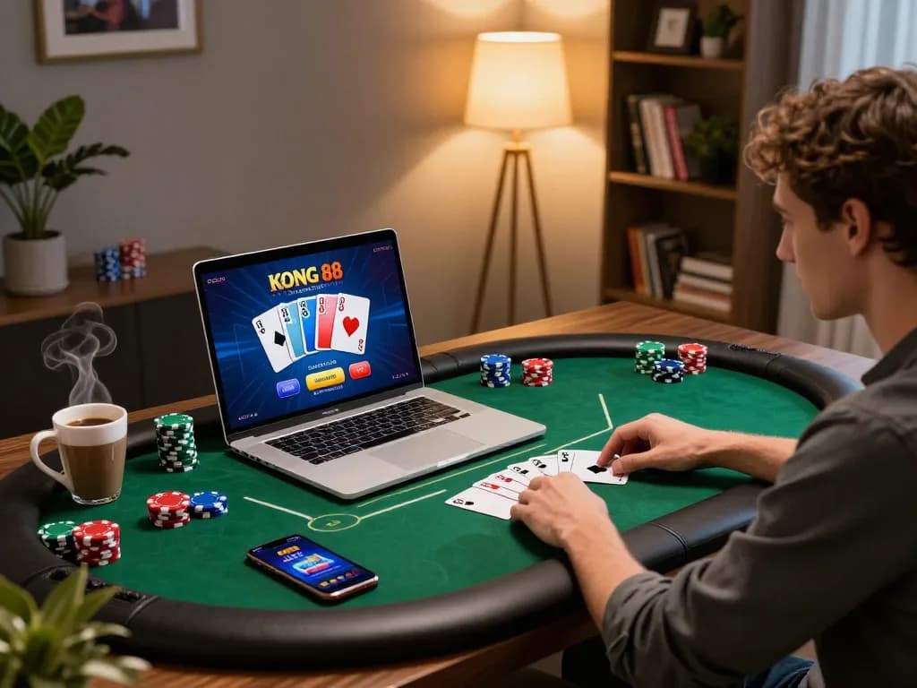 KONG 88 player enjoying an online poker game at home, showcasing vibrant graphics and engaging strategy.
