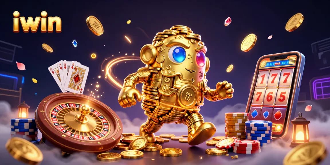 Experience thrilling iwin gaming with dazzling coins, cards, and a golden golem.