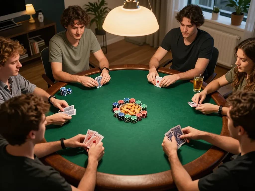 Players enjoying a friendly poker night at home, showcasing F8BET strategy and camaraderie.