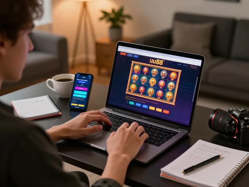 Player enjoying online betting at uu88 with laptop and strategy notes, cozy lighting.