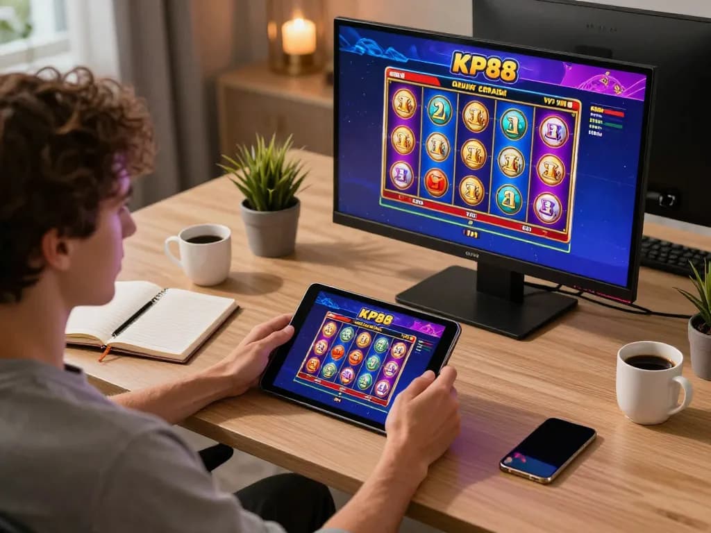 Player enjoying KP88 VIP online casino games on a tablet in a cozy home environment.