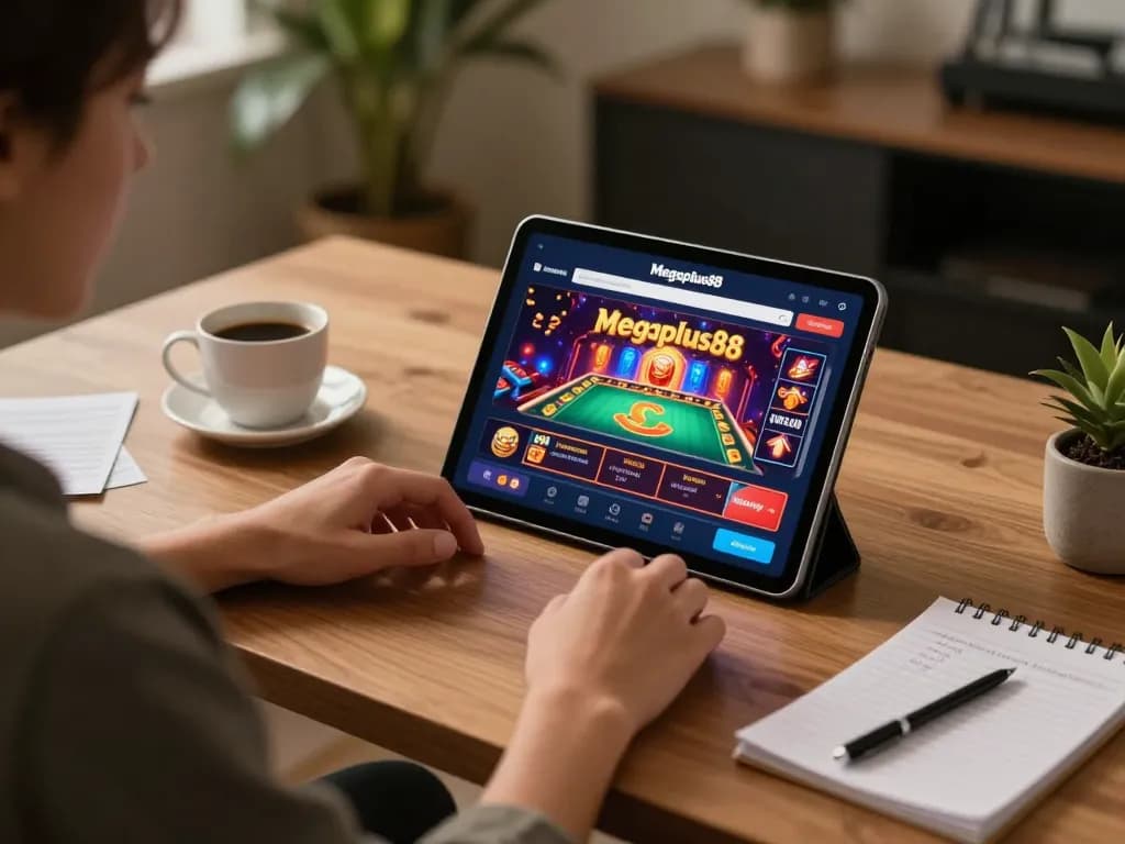 Engaging with the Megaplus88 casino app on a tablet during a cozy online gaming session.