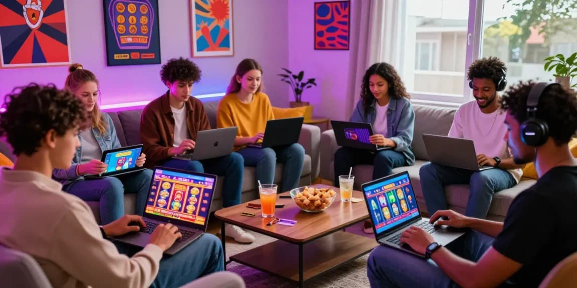 Dynamic scene of players enjoying credit card casino sites in a cozy living room setting, highlighting modern online gaming experiences.