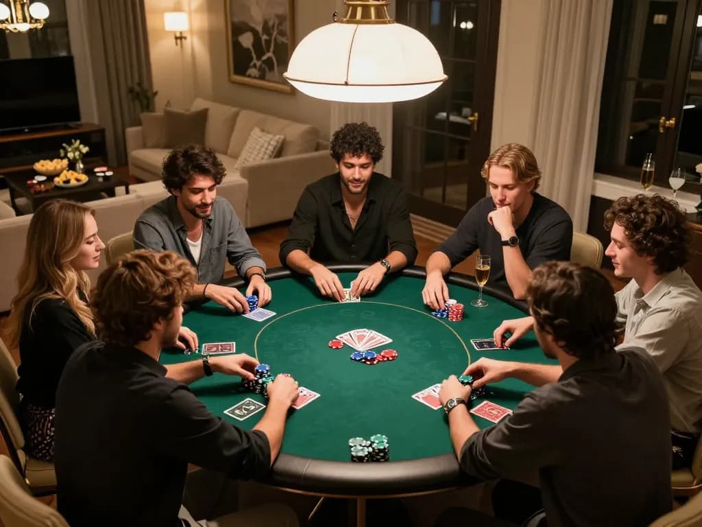 Engage in a thrilling poker night with friends at https://rr888.shopping/, featuring chips and cards around a round table.