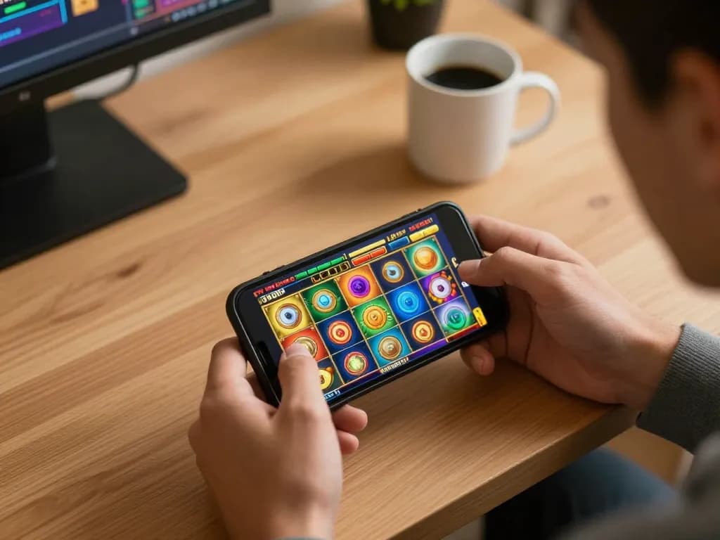 Engaging in link slot gameplay on a smartphone amidst a cozy home office setup.