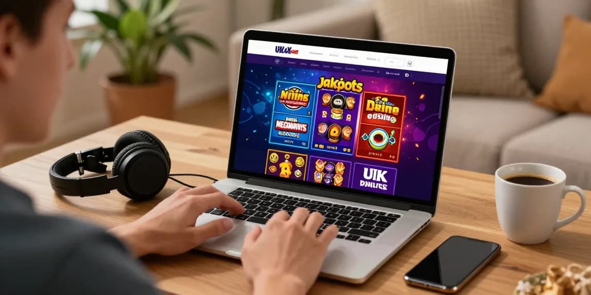 Excited user exploring new uk casino sites on a laptop in a cozy home setting.
