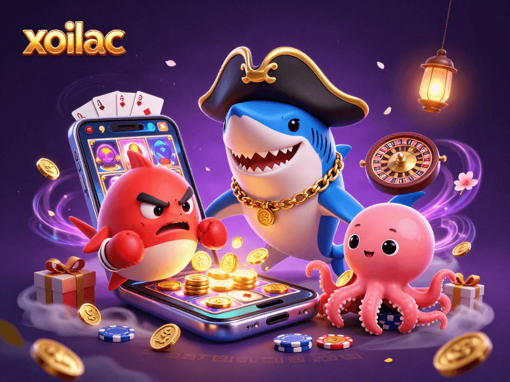 Cá mập hải tặc xoilac đang dẫn đầu, kèm theo cá nóc và bạch tuộc, cùng các món đồ casino sôi động.