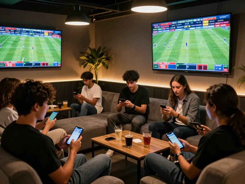 Engaged group discussing kèo nhà cái hôm nay while checking live sports on their smartphones