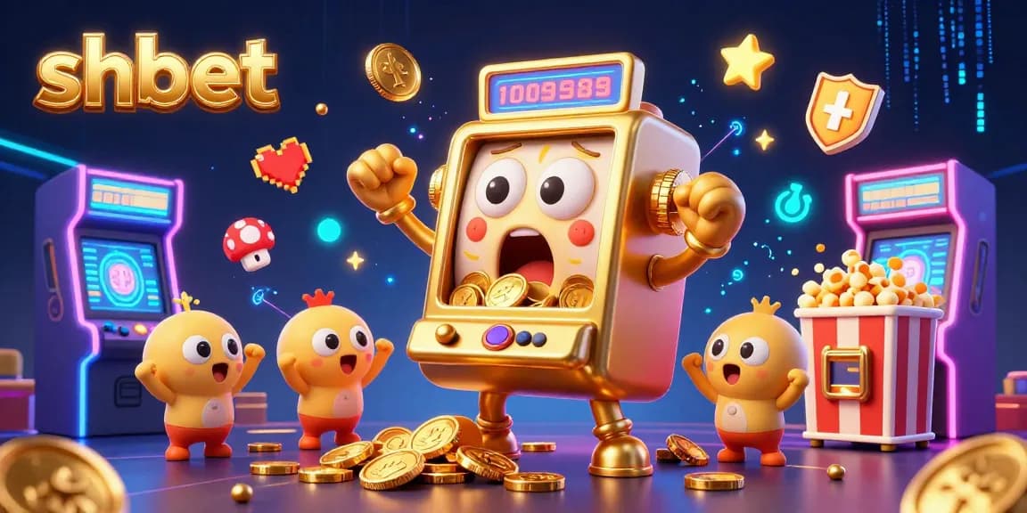 Join the fun with shbet's cartoon slot machine celebrating its jackpot win amidst exciting casino elements.