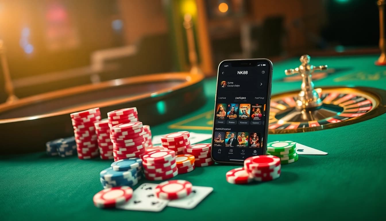 NK88's vibrant gambling scene showcasing poker chips, roulette wheel, and smartphone interface.