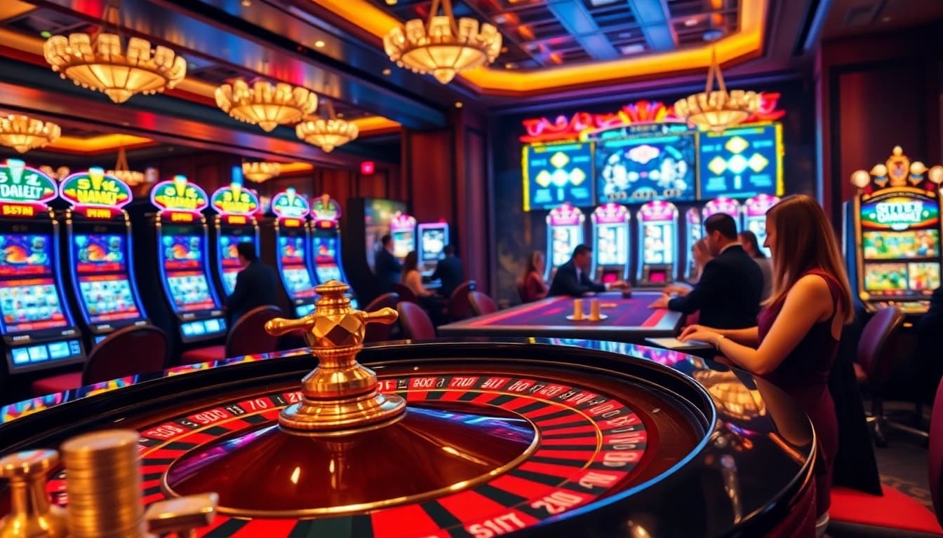 Players enjoying gaming excitement at lv 88 casino with roulette and vibrant slot machines.
