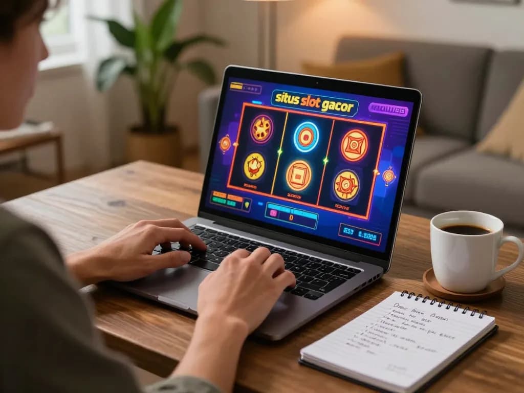 Engaging in situs slot gacor gaming at home with laptop and strategy notes.