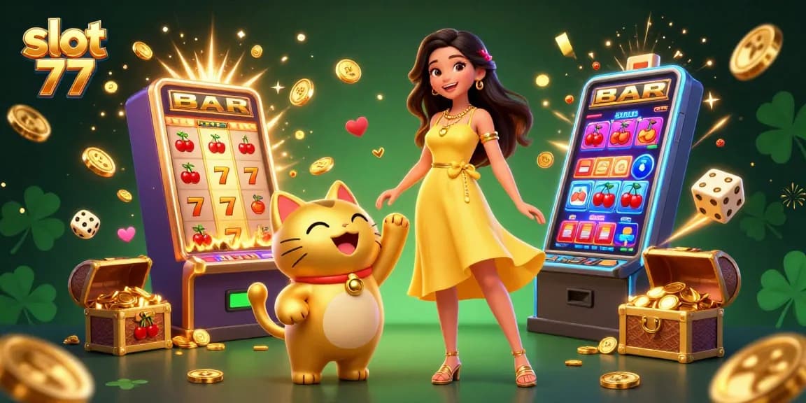 Spin and win at slot 77 with cheerful character and golden lucky cat amidst dynamic casino elements.