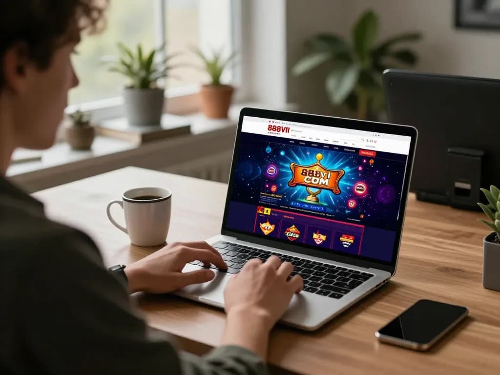 Engaging with the 888VI COM platform at a home gaming setup, showcasing online casino excitement.