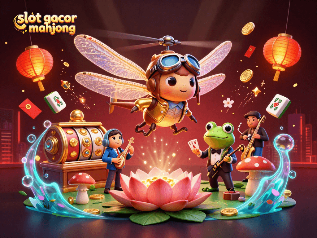 Engage with slot gacor mahjong while enjoying a vibrant 3D scene of a dragonfly pilot, frog croupier, and jazz musicians.