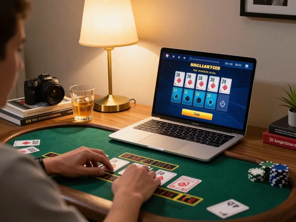 Engaged player enjoying AU88 online casino live dealer game on a laptop in a cozy home setting