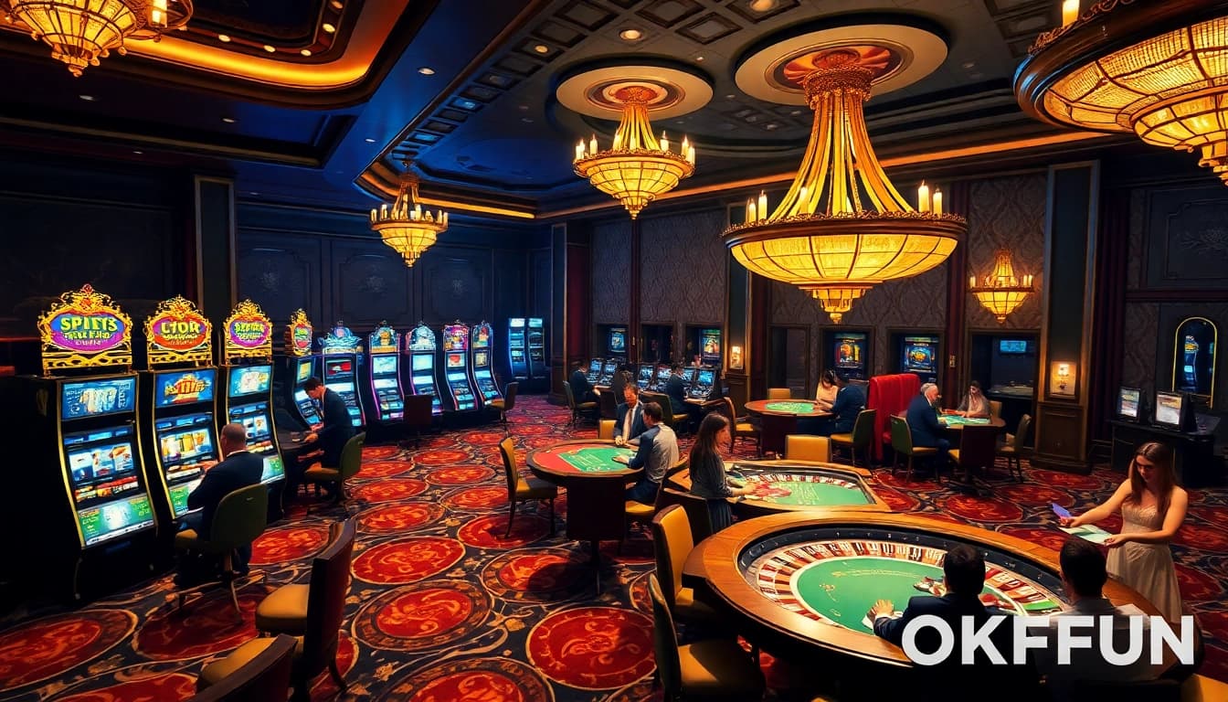 Players enjoying a thrilling game at OKFUN casino tables surrounded by elegant decor.