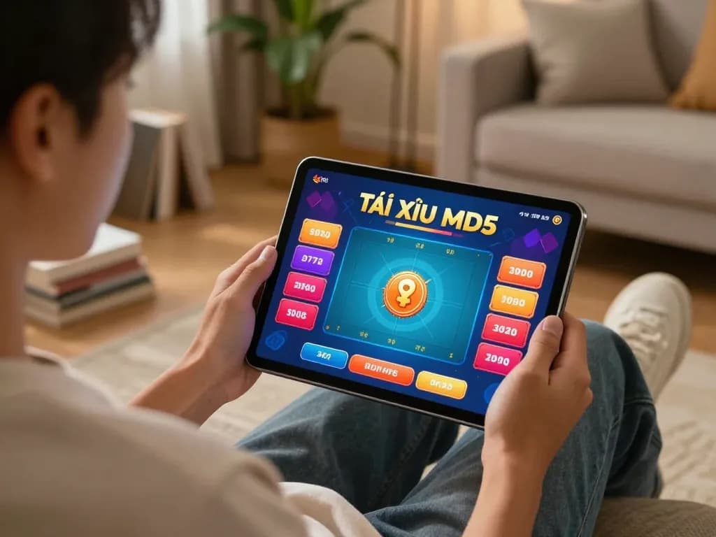 Tài xỉu md5 com gameplay on tablet in cozy home setting, showcasing strategic betting options.