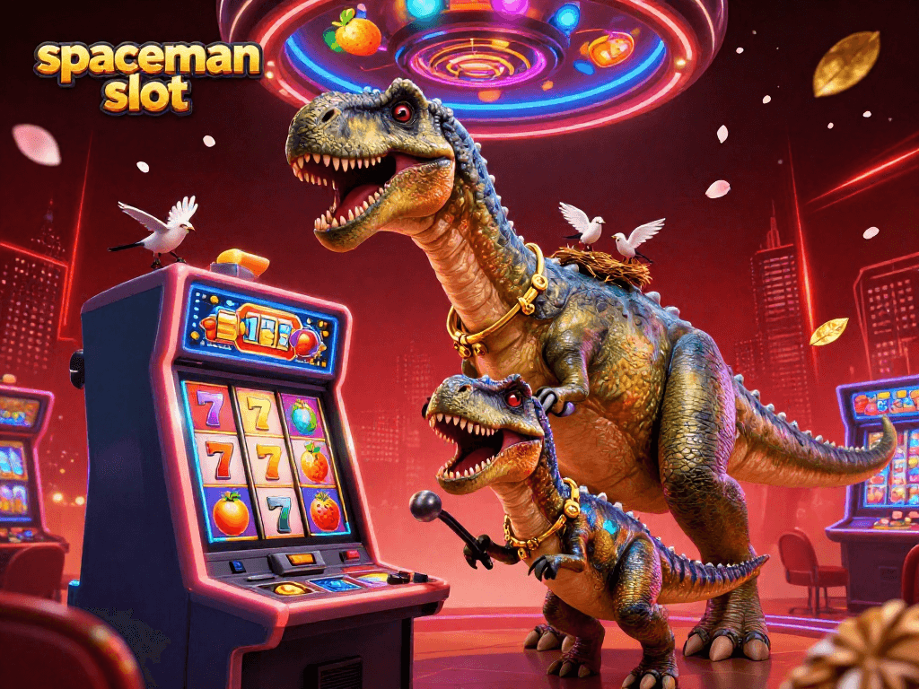 Experience the excitement of spaceman slot as a brontosaurus effortlessly interacts with casino elements in this vibrant scene.
