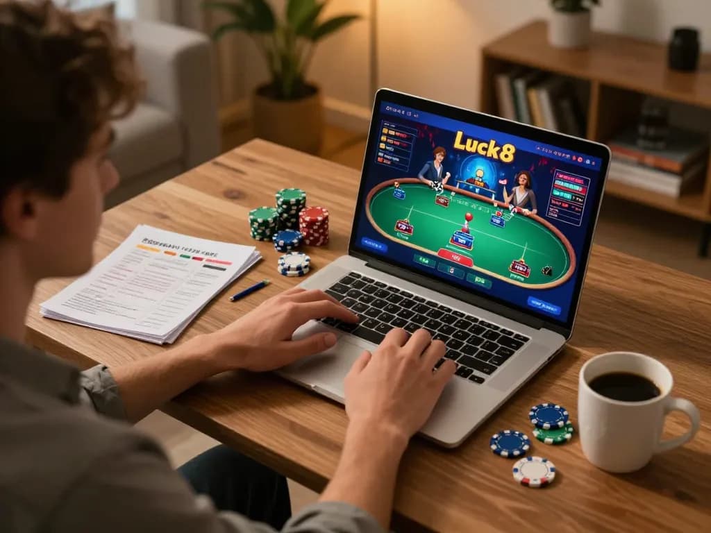 Engaged player enjoying Luck8 poker online at a stylish home desk, creating a welcoming and strategic gaming atmosphere.