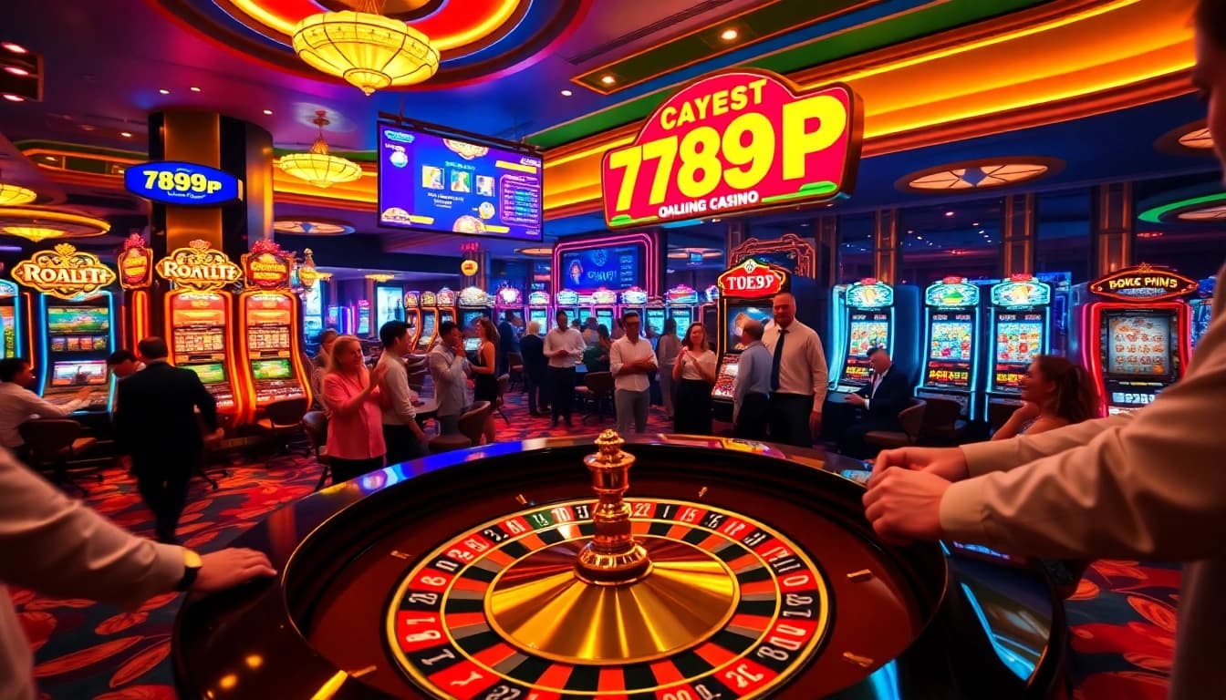 Excited players at the 789P casino roulette table, surrounded by vibrant slot machines and colorful chips.