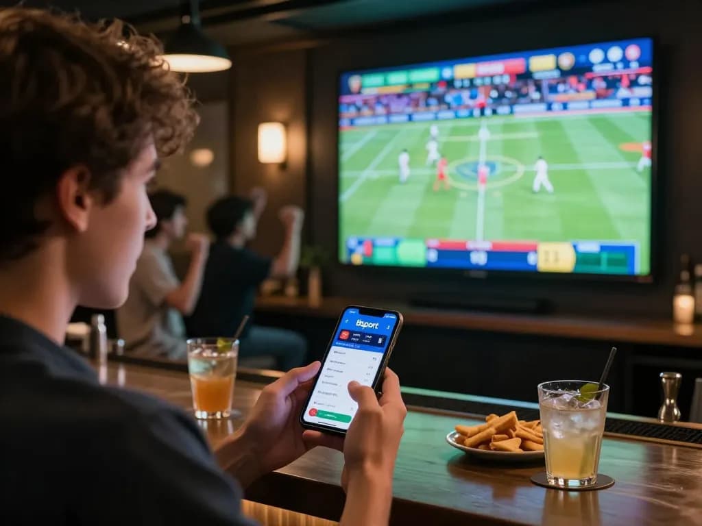 Placing bets on live sports events using the Bsport app in an exciting sports bar.
